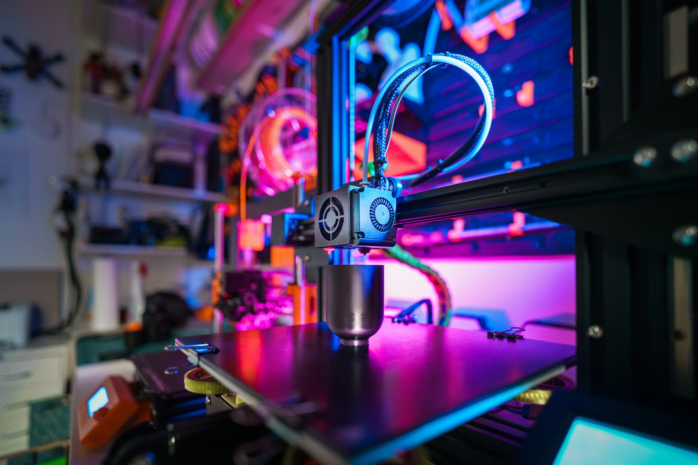 A desktop 3D printer on a table